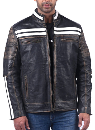 Men’s black distressed real cow leather jacket with rugged finish and zip-up front