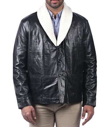 Alford black aviator jacket for men with shearling collar and front zipper
