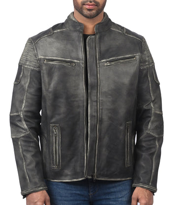 Men’s distressed gray cafe racer leather jacket with front zipper and slim fit