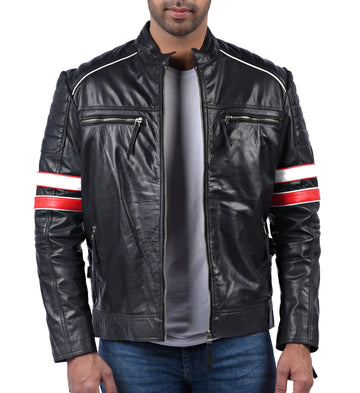 Men’s black biker leather jacket with red, white, and blue multi-stripe sleeve accents