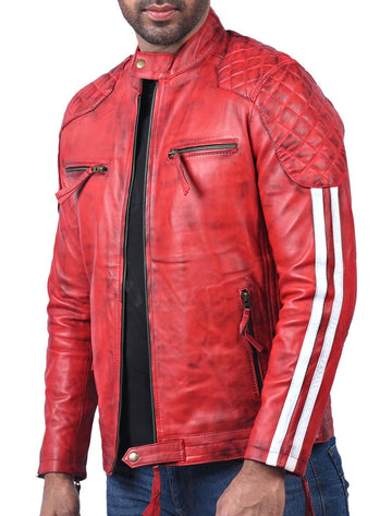 Plymouth men’s red leather biker jacket with asymmetrical front zip and classic lapel collar