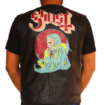 Men’s Ghost black leather vest with front zipper and snap-tab collar