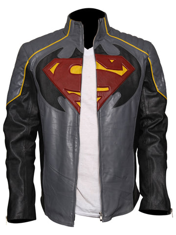 Batman vs Superman leather jacket with padded shoulders"
"Superhero cosplay jacket in faux or real leather"
"DC Comics-inspired leather jacket with stand collar"
"Black cosplay jacket for Batman or Superman fans"
"High-quality superhero costume jacket for men"