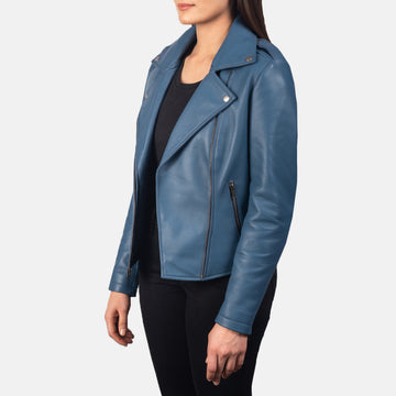 Leven blue biker jacket for women – stylish leather motorcycle jacket with vibrant American streetwear appeal
