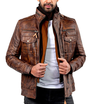 Men’s vintage biker leather jacket in distressed black with classic moto style