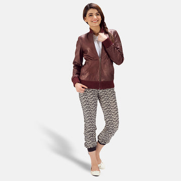 Nairn women’s maroon bomber jacket – stylish leather outerwear with classic American streetwear vibe