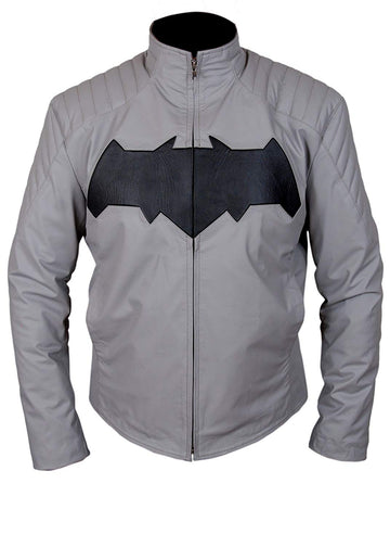 "Batman Dawn of Justice grey leather jacket with padded shoulders"
"Light grey superhero jacket with stand-up collar and zip closure"
"Faux leather Batman jacket with two hand pockets and viscose lining"
"Front view of Batman Dawn of Justice costume jacket for cosplay"