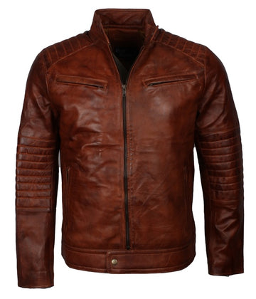 men’s distressed brown café racer leather motorcycle jacket
real sheepskin leather jacket with padded shoulders and sleeves
brown biker jacket for men with zipper chest and hand pockets
café racer jacket stand-up collar and rugged design
vintage style brown leather motorcycle jacket for men