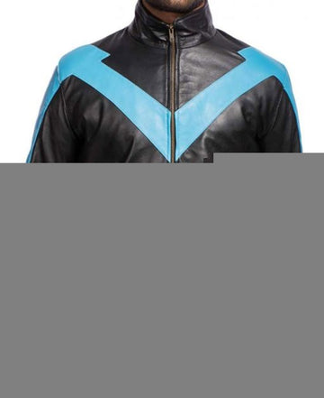 alt="Men's Nightwing leather jacket inspired by Dick Grayson costume"
alt="Black and blue PU leather Nightwing cosplay jacket for men"
alt="Front view of Nightwing biker-style jacket with YKK zipper"
alt="Stand collar Nightwing motorcycle jacket with open hem cuffs"
alt="Side angle of Dick Grayson Nightwing PU leather cosplay outfit"