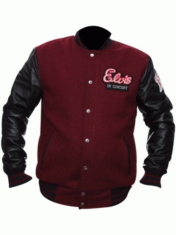"Elvis In Concert varsity jacket maroon wool with black leather sleeves"
"1977 tour Elvis Presley varsity jacket with Elvis In Concert patch"
"Front button closure Elvis varsity jacket with stand-up collar"
"Vintage style Elvis Presley wool and leather varsity jacket"
"Men’s varsity jacket inspired by Elvis Presley 1977 concert"