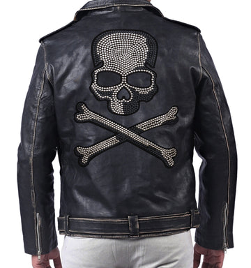 Blackpool men’s Halloween biker jacket with skull print design and front zip closure