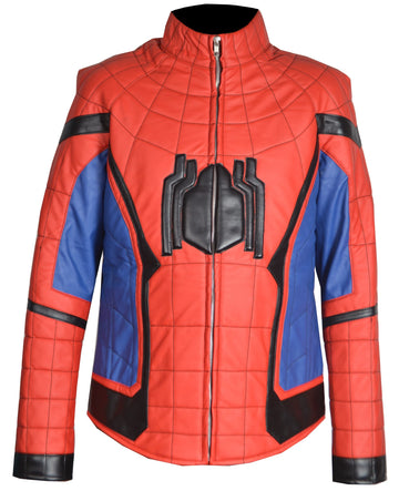 "Spiderman Homecoming faux leather jacket with black spider logo front"
"Peter Parker cosplay jacket red and blue with red spider logo back"
"Front zipper faux leather Spiderman cosplay jacket with stand-up collar"
"Close-up of Spiderman Homecoming jacket YKK zipper and viscose lining"
"Cosplay jacket inspired by Spiderman Homecoming superhero outfit"
