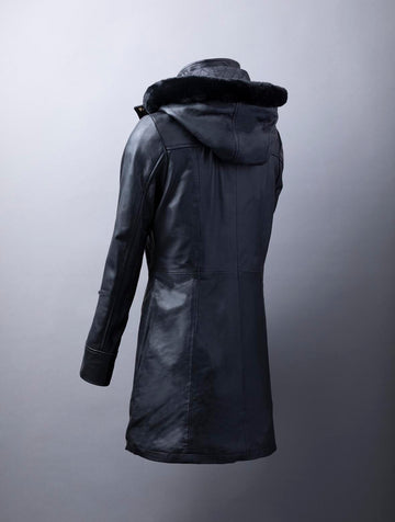 Ullapool women’s black hooded leather coat made from premium UK-sourced aniline leather with removable hood