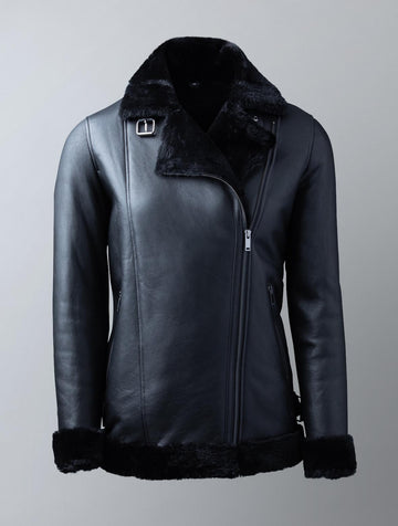 Largs women’s aviator leather jacket in dark brown with shearling collar