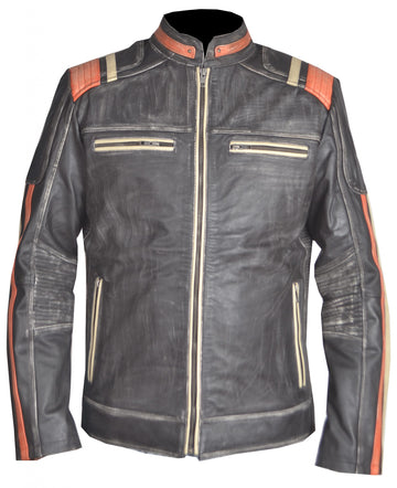 "Men’s distressed black and orange cafe racer leather jacket with stand-up collar"
"Real leather vintage cafe racer jacket with zipper pockets"
"Front view of men’s biker jacket with zip closure and zipper pockets"
"Classic cafe racer style leather jacket with orange accents"
"Distressed black leather biker jacket with viscose lining"