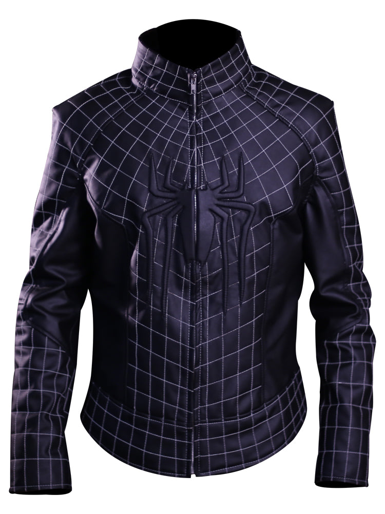Men’s black real leather jacket with Spiderman-inspired design and spider emblem

