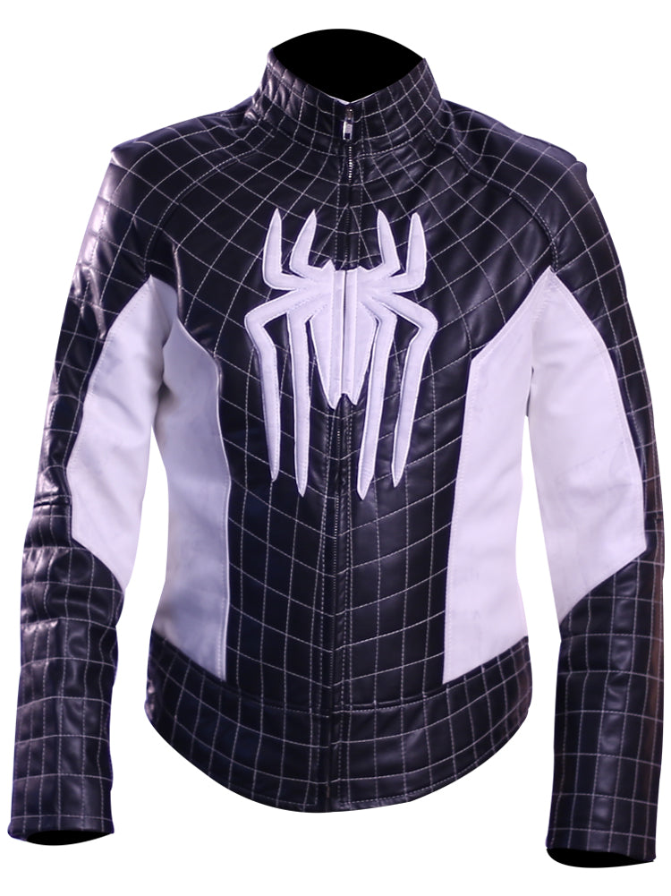 Spider-Man themed genuine leather jacket with red and blue superhero design

