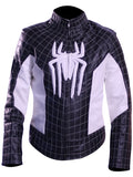 Spider-Man themed genuine leather jacket with red and blue superhero design

