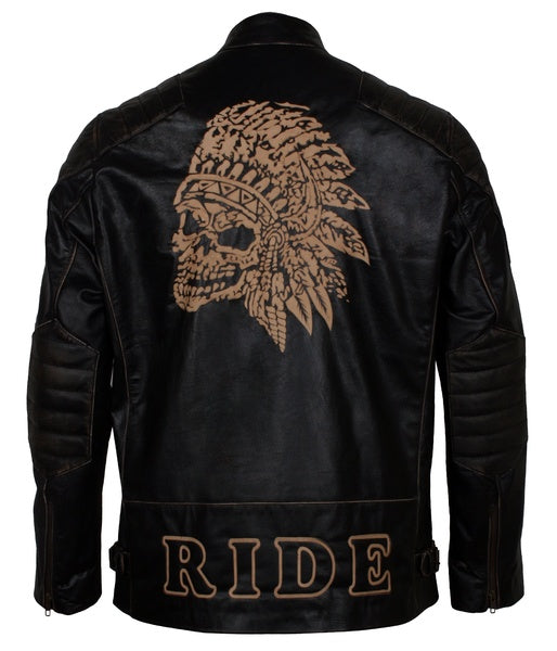 Men’s black genuine leather jacket with skull graphic design on front

