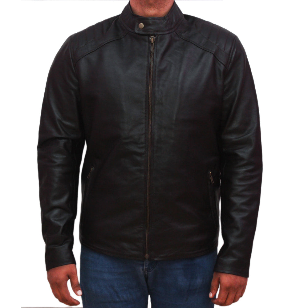 Men’s black genuine leather jacket with skull and sword graphic design


