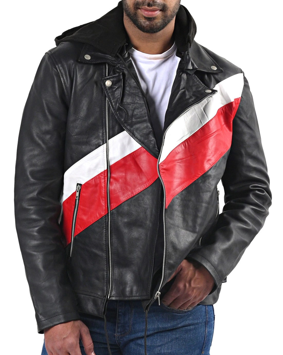 Ross Butler men’s black leather jacket with classic tailored fit and zip front

