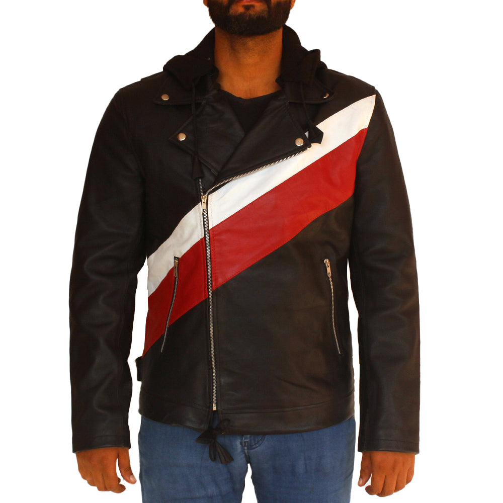 Men’s biker hooded leather jacket with asymmetrical zipper and rugged design

