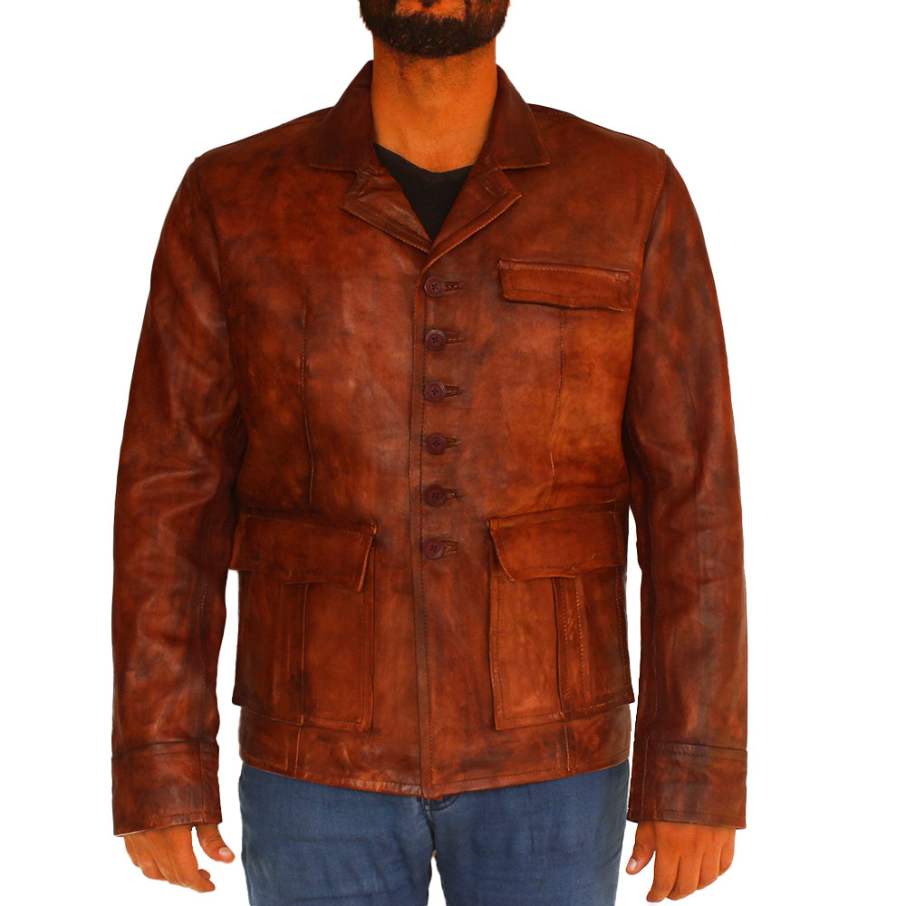 Men’s distressed brown leather jacket with rugged vintage finish and front zipper

