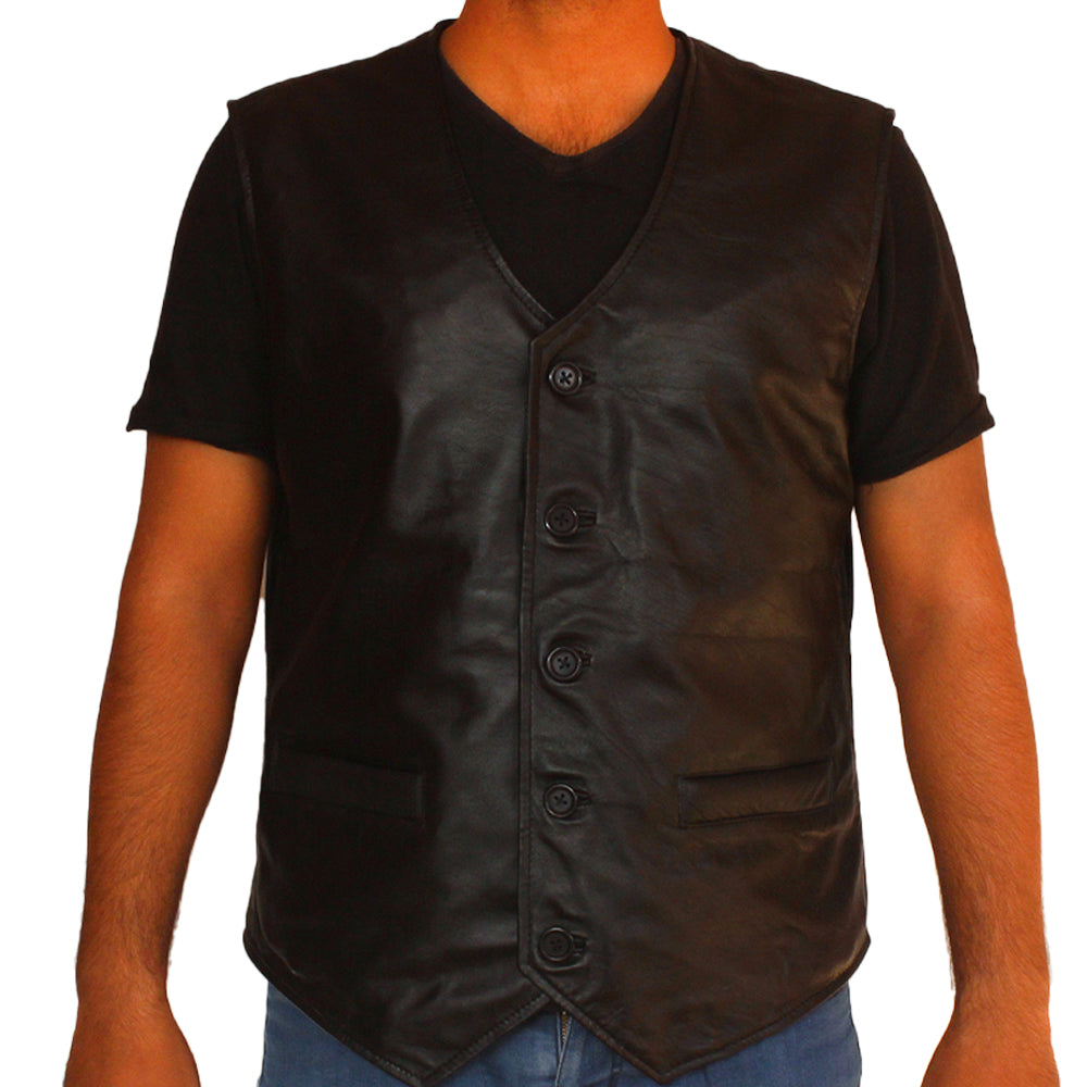 Men’s Ghost black leather vest with front zipper and snap-tab collar

