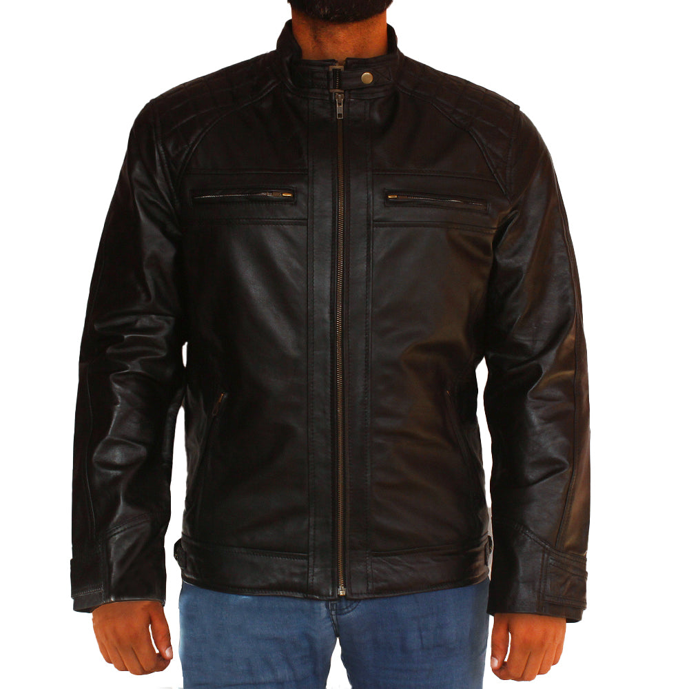 Men’s Ghost black biker leather jacket with front zipper and sculpted fit

