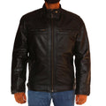 Men’s Ghost black biker leather jacket with front zipper and sculpted fit

