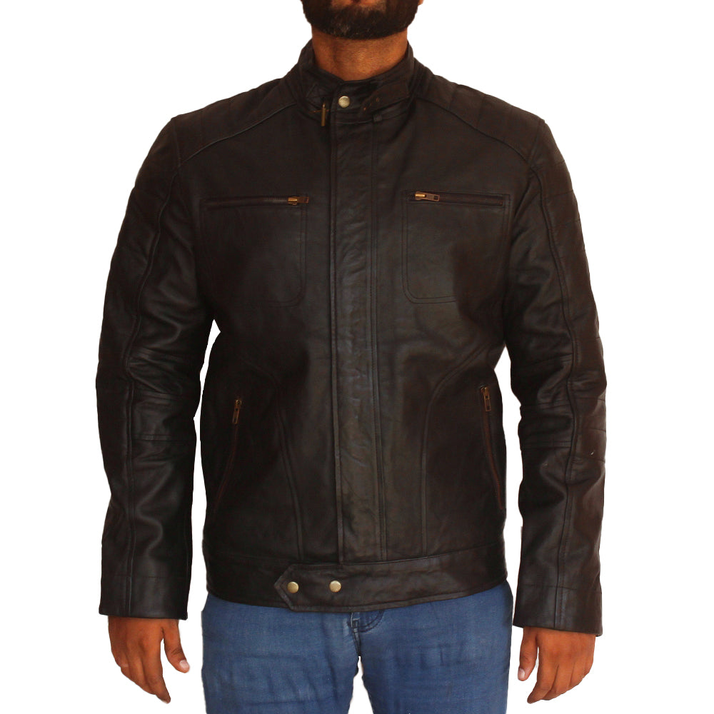 Men’s black motorcycle leather jacket with durable front zipper and classic fit

