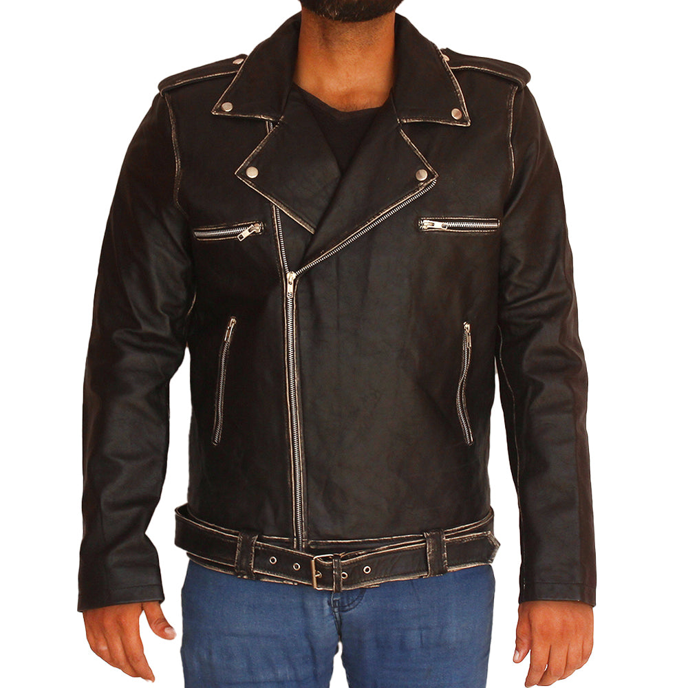 Men’s Halloween leather jacket with skull and dark spooky design in black

