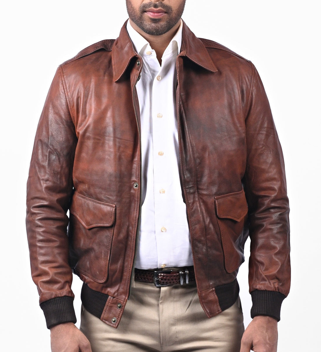 Aviator A2 men’s brown leather pilot bomber jacket with front zipper and flap pockets


