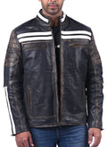 Men’s black distressed real cow leather jacket with rugged finish and zip-up front

