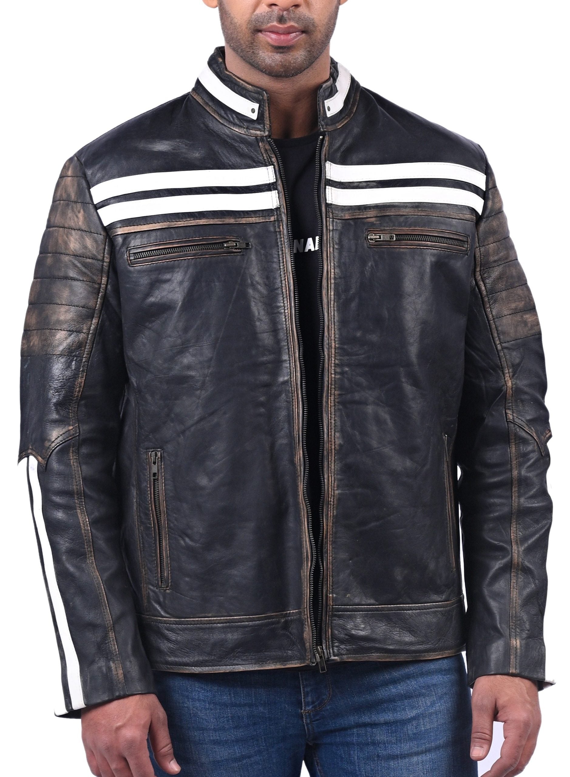 Men’s black distressed real cow leather jacket with rugged finish and zip-up front

