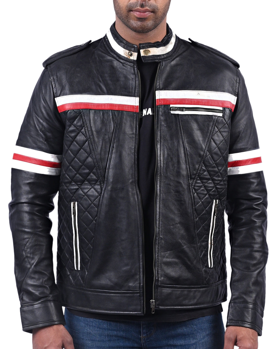 Black men’s quilted leather jacket with stylish modern fit and padded design

