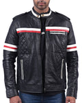 Black men’s quilted leather jacket with stylish modern fit and padded design

