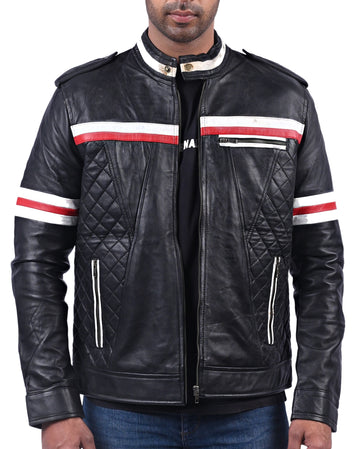 Black men’s quilted leather jacket with stylish modern fit and padded design

