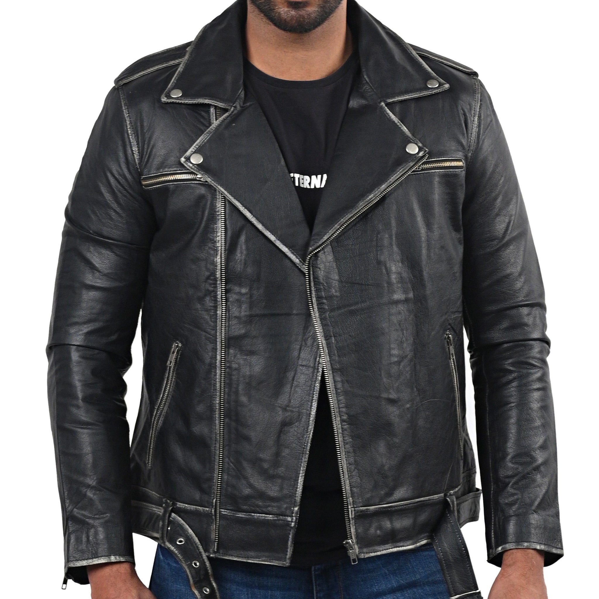 Men’s distressed black biker leather jacket with front zipper and rugged texture

