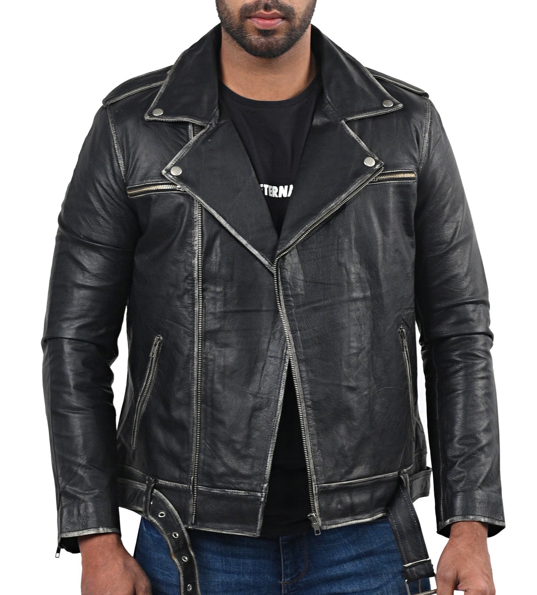 Men’s distressed black biker leather jacket with front zipper and rugged texture

