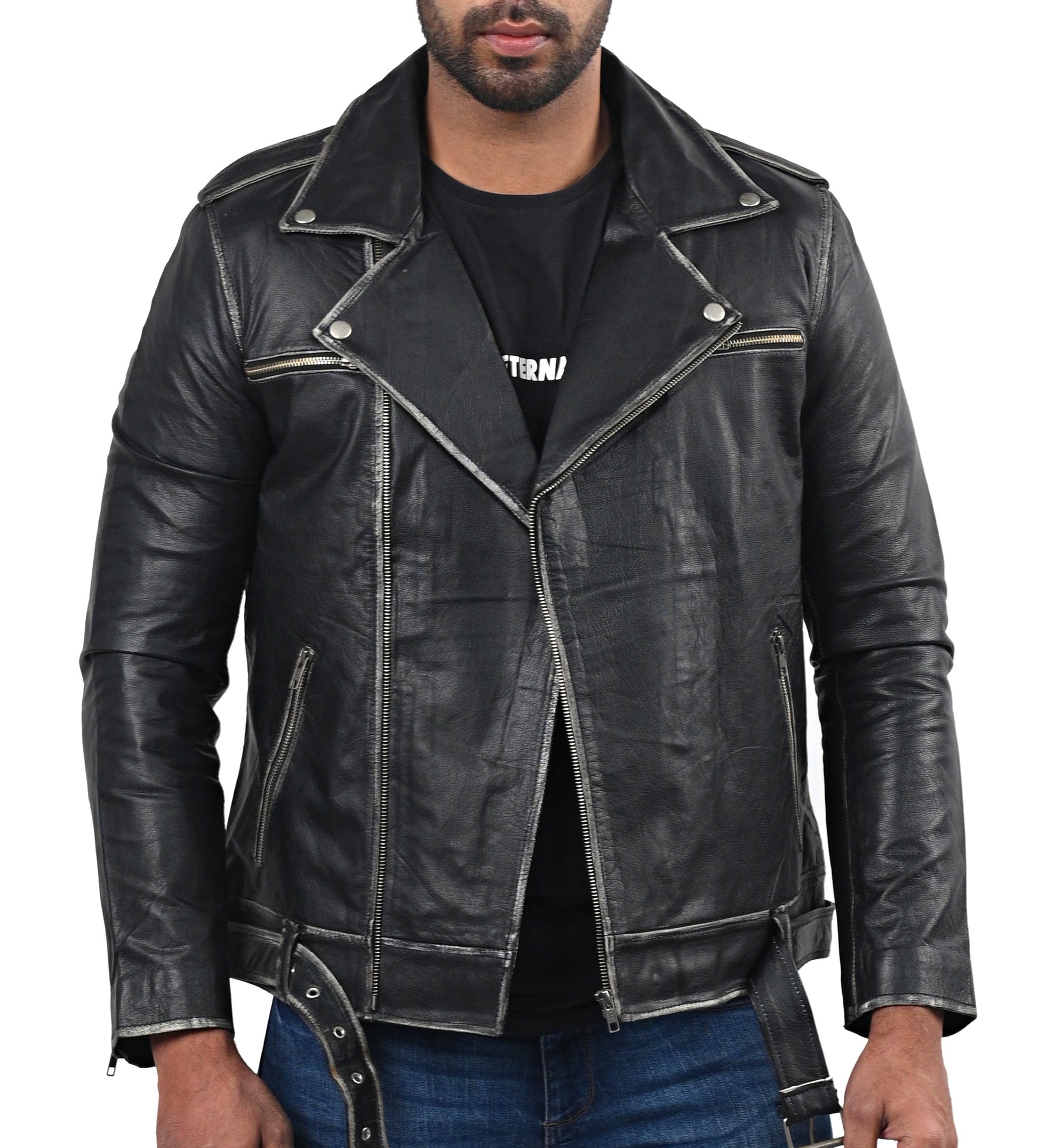 Men’s distressed black biker leather jacket with front zipper and rugged texture

