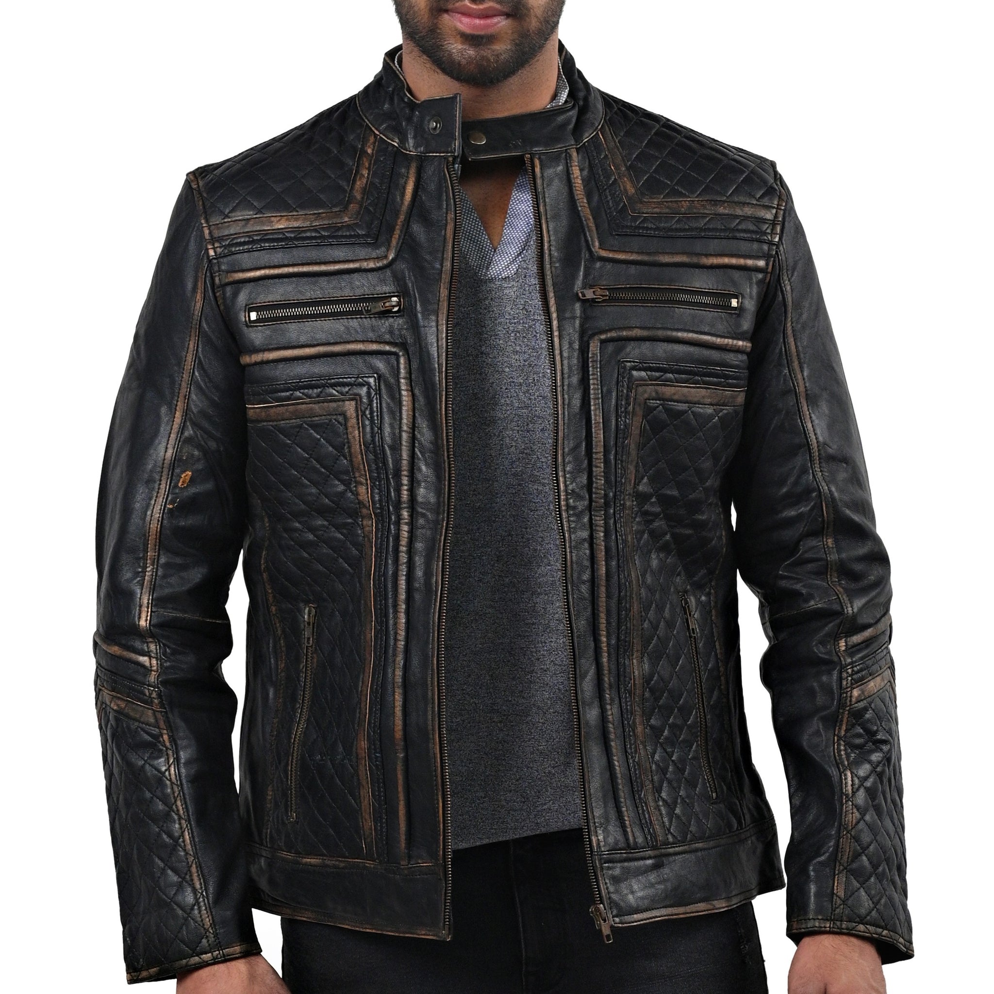 Fast Lemmy black motorcycle leather jacket with front zipper and zippered pockets

