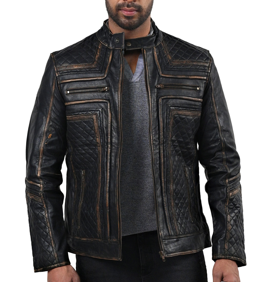 Fast Lemmy black motorcycle leather jacket with front zipper and zippered pockets

