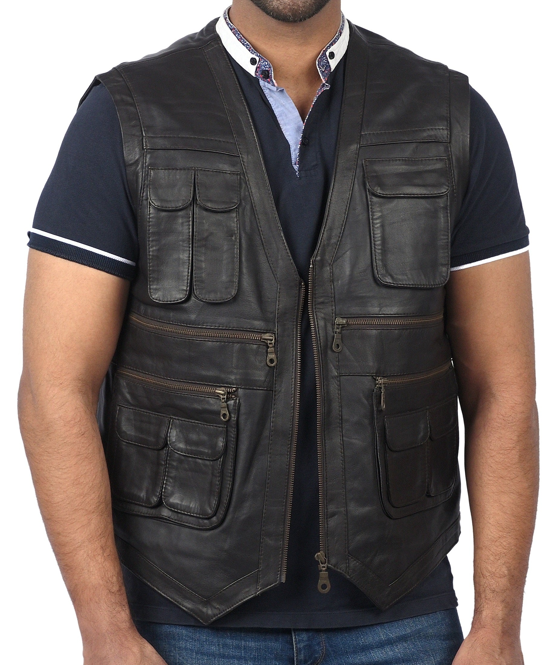 Basingstoke men’s black leather vest with front zipper and zippered pockets

