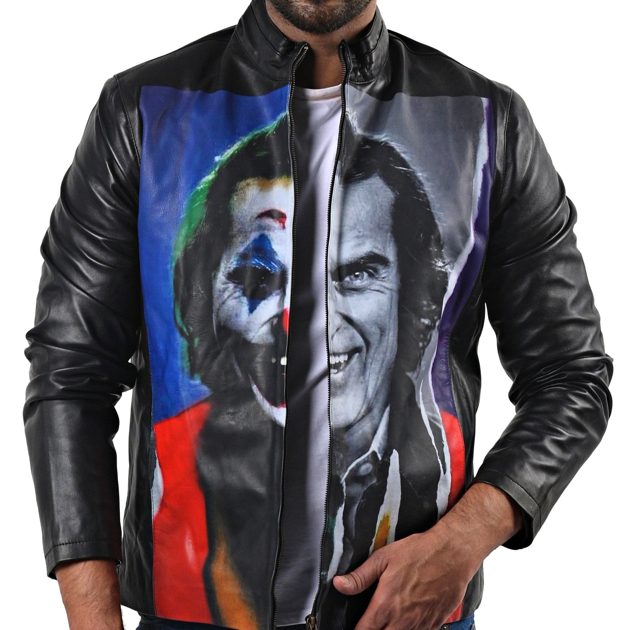 The Joker men’s Halloween leather jacket in black and purple with bold graphic design

