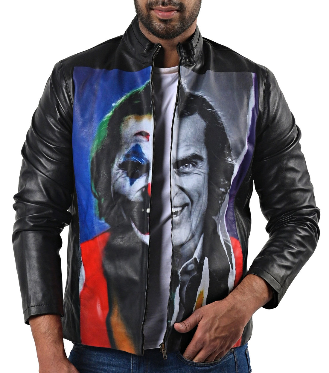The Joker men’s Halloween leather jacket in black and purple with bold graphic design

