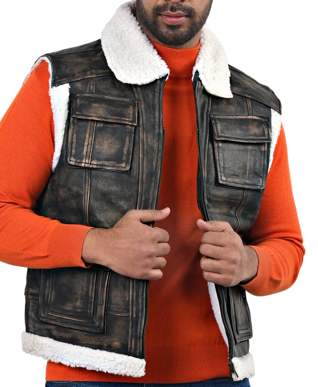 Basildon distressed brown leather aviator vest with fur collar and front zip closure


