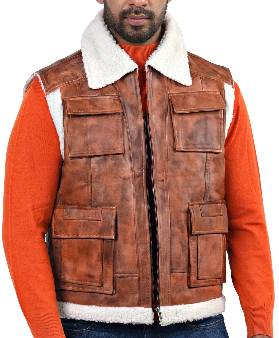 Axbridge aviator vest in tan real leather with front zip closure and shearling trim

