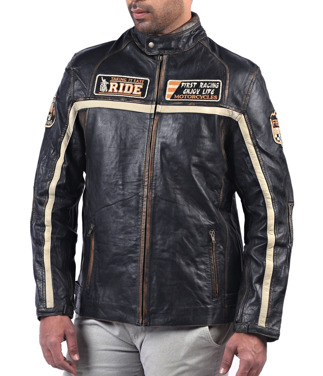 Men’s black leather jacket with beige racing stripes and front zip closure


