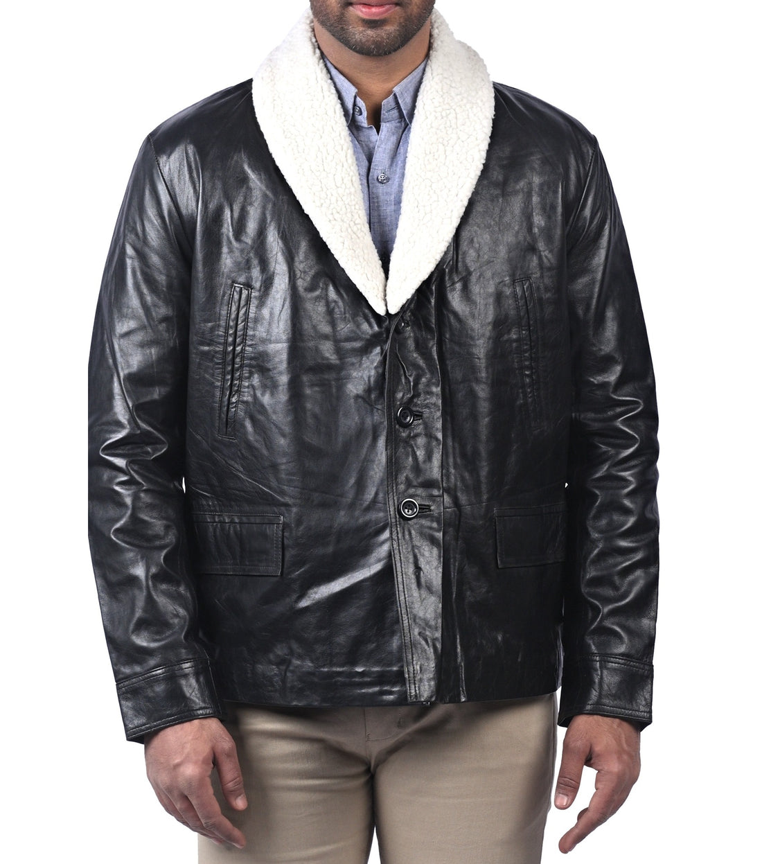 Alford black aviator jacket for men with shearling collar and front zipper

